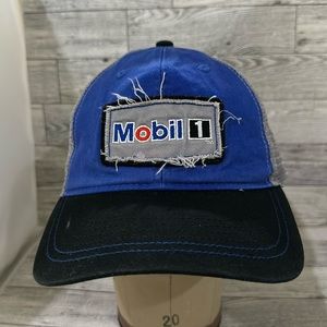 Mobil oil blue distressed trucker baseball cap hat